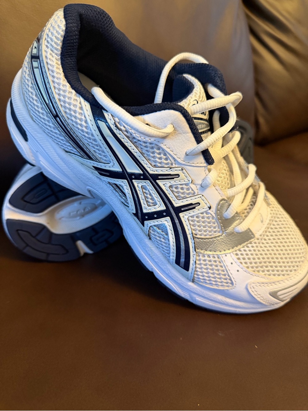 ASICS White and Navy Kids' Athletic Sneakers